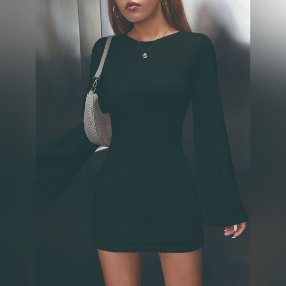 Backless Waffle Knit Flare Sleeve Mini Dress - Picture 10 of 11